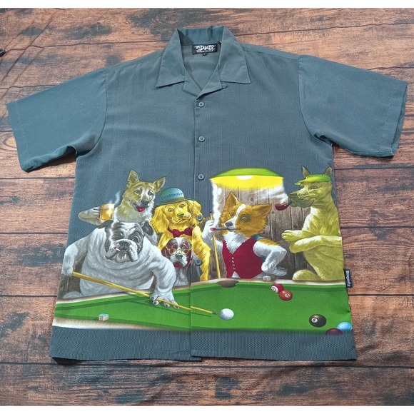 Dragonfly Pool Playing Dogs Short Sleeve Button Up amp Shirt Men's Large - Picture 1 of 8